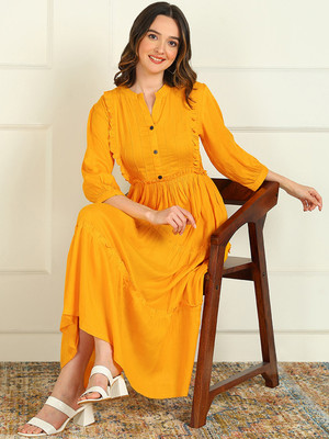 mokshi Women Fit and Flare Yellow Midi/Calf Length Dress