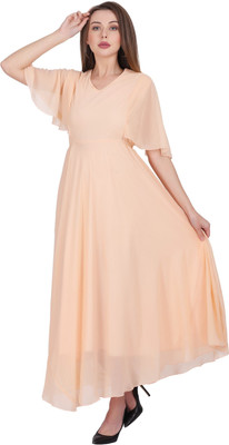 FIRST ARRIVAL Women A-line Beige Maxi/Full Length Dress