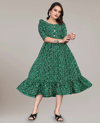 Dresses Creation Women Fit and Flare Green, White Midi/Calf Length Dress