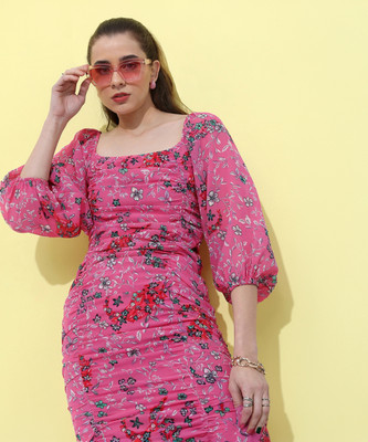 Tokyo Talkies Women Fit and Flare Pink Mini/Short Dress