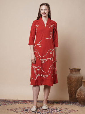 Fashor Women A-line Red Midi/Calf Length Dress