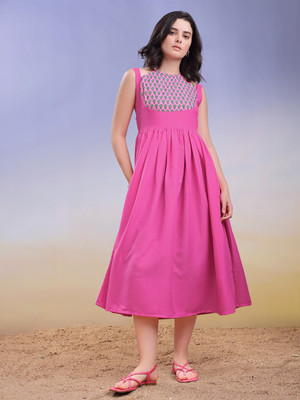 PURVAJA Women Fit and Flare Pink Midi/Calf Length Dress