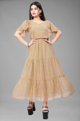Eightone Women Maxi Brown Knee Length Dress