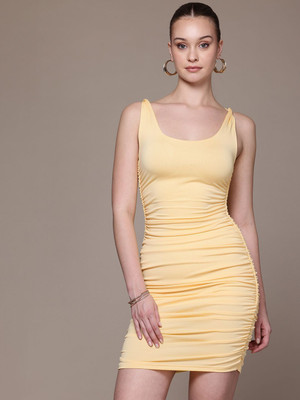 bebe Women Bodycon Yellow Above Knee/Mid Thigh Length Dress