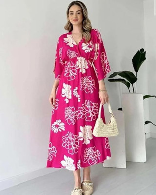 BRAVAL TEXTILE Women A-line Pink Midi/Calf Length Dress