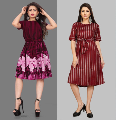 maruti fab Women A-line Pink, Maroon Below Knee Dress