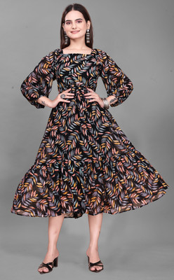 QUEUEE CREATION Women Fit and Flare Black Midi/Calf Length Dress