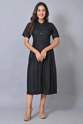IQRAAR Women A-line Black Midi/Calf Length Dress