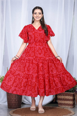 HEER Women Fit and Flare Red Midi/Calf Length Dress