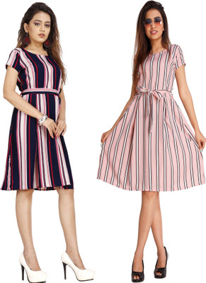 Rinra Women Fit and Flare Multicolor Knee Length Dress