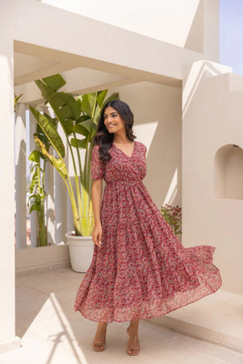 QVAZOR Women Maxi Maroon Midi/Calf Length Dress