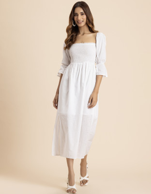 moomaya Women Fit and Flare White Midi/Calf Length Dress