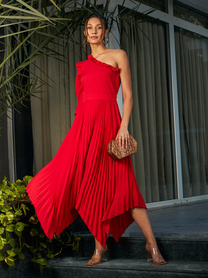 KASSUALLY Women Fit and Flare Red Midi/Calf Length Dress
