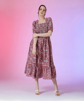 Jash Creation Women Fit and Flare Pink Midi/Calf Length Dress