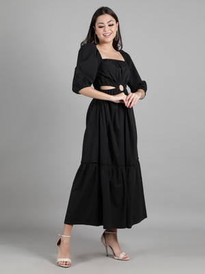 DRAPE AND DAZZLE Women Fit and Flare Black Midi/Calf Length Dress