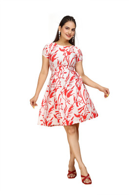 Gurudev Fashionn Women Fit and Flare White Above Knee/Mid Thigh Length Dress