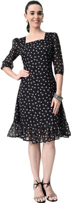 HouseOfCommon Women Fit and Flare Black Knee Length Dress