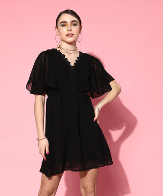 Berrylush Women A-line Black Above Knee/Mid Thigh Length Dress
