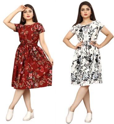 Nidhi Collection Women Fit and Flare Maroon, White Dress