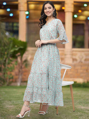 Moda Rapido Women Fit and Flare Blue Maxi/Full Length Dress