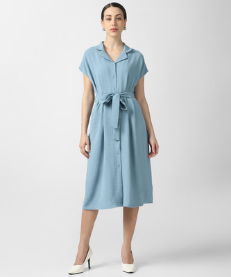 VAN HEUSEN Women Fit and Flare Light Blue Below Knee Dress