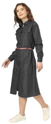 Tripursundari Fashion Women A-line Black Midi/Calf Length Dress