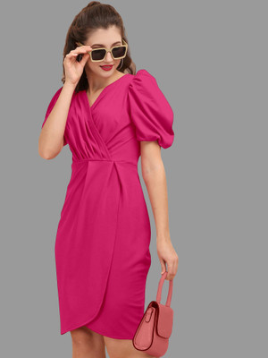 A To Z Cart Women Wrap Pink Above Knee/Mid Thigh Length Dress