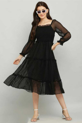 BPT DESIGNER Women Fit and Flare Black Knee Length Dress