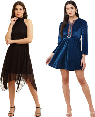 HEAVENS CREATIONS Women Fit and Flare Light Blue, Pink Midi/Calf Length Dress