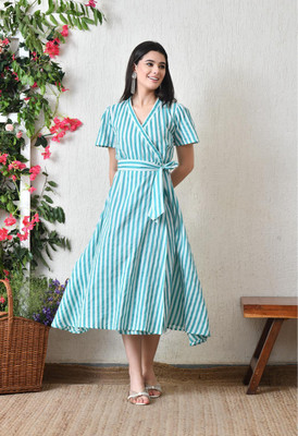 DECKEDUP Women A-line White, Blue Midi/Calf Length Dress