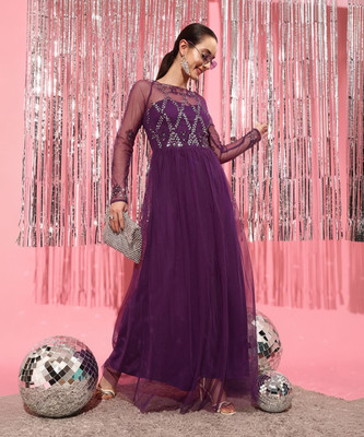 STREET9 Women Pleated Purple Maxi/Full Length Dress