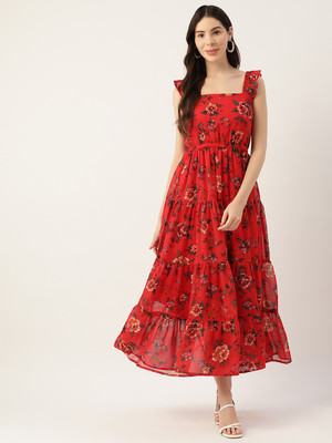 Deewa Women Fit and Flare Red Maxi/Full Length Dress