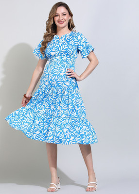 DEHITAFASHION Women Fit and Flare Blue Below Knee Dress
