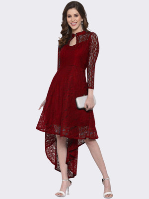 SHCON Women High Low Maroon Midi/Calf Length Dress