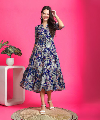 Presha Women Fit and Flare Multicolor Below Knee Dress