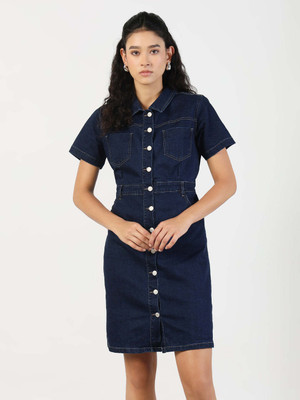 SHOWOFFFF Women A-line Blue Above Knee/Mid Thigh Length Dress