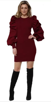 Whitewhale Women Bodycon Maroon Above Knee/Mid Thigh Length Dress
