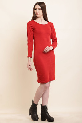 Shyammc Women Bodycon Red Above Knee/Mid Thigh Length Dress