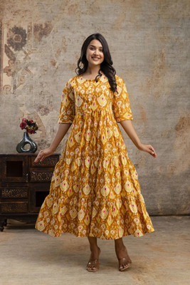 phoolkesa Women A-line Yellow Midi/Calf Length Dress