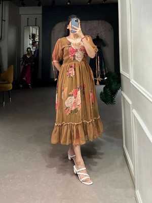 HouseOfCommon Women Fit and Flare Brown Midi/Calf Length Dress