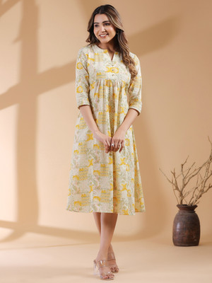 Janasya Women A-line Yellow Midi/Calf Length Dress