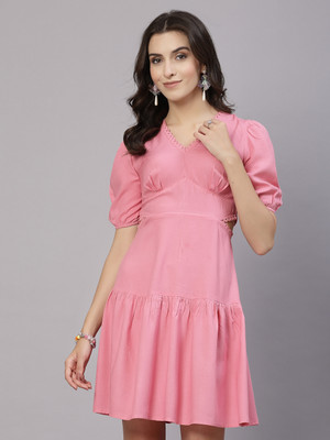 AAYU Women A-line Pink Above Knee/Mid Thigh Length Dress