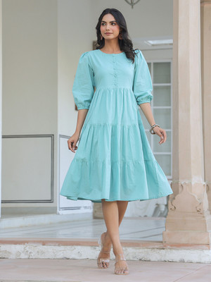 Janasya Women Tiered Blue Midi/Calf Length Dress