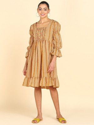 Znx Clothing Women Fit and Flare Brown, Beige Knee Length Dress