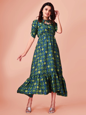 Fashionfricks Women Fit and Flare Green Knee Length Dress