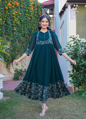 AKIKO Women Fit and Flare Green Maxi/Full Length Dress