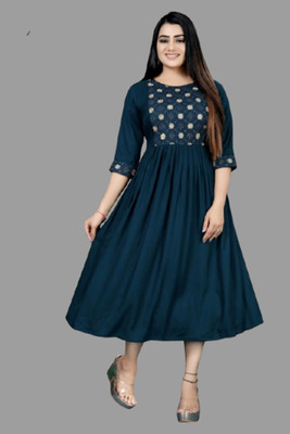DICHIKA enterprise Women Fit and Flare Dark Blue, White Midi/Calf Length Dress