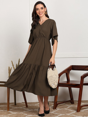 Dressberry Women A-line Green Midi/Calf Length Dress