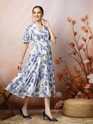 ZWERLON Women A-line Blue Midi/Calf Length Dress