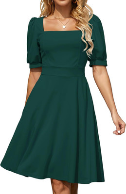 C4D Women Fit and Flare Dark Green Midi/Calf Length Dress